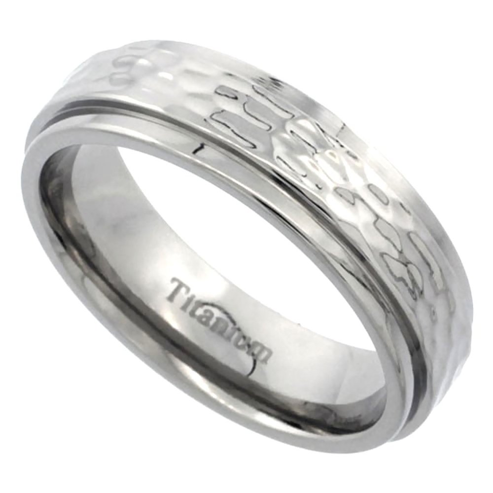 Titanium 6mm Wedding Band Hammered Ring Flat Beveled Edges Polish Finish Comfort